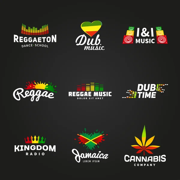 Set von africa flag logo design. jamaica music vector template. buntes Dub Time Firmenkonzept auf dunklem Hintergrund — Stockvektor