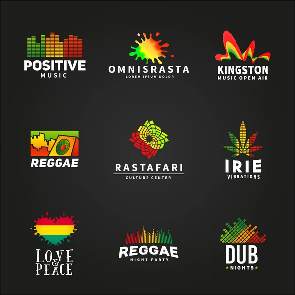 Conjunto de diseño positivo del logotipo de la bandera de África ephiopia. Jamaica reggae dance plantilla vectorial de música. Colorido concepto de empresa altavoz sobre fondo oscuro — Archivo Imágenes Vectoriales