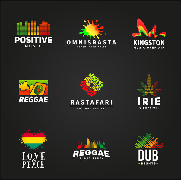 Set of positive africa ephiopia flag logo design. Jamaica reggae dance music vector template. Colorful speaker company concept on dark background