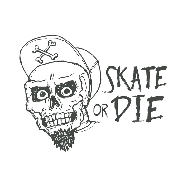 Skate or die lettering tattoo design. Skater scull vintage t-shirt print. Monochrome retro skateboarding vector illustration — Stock vektor