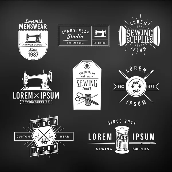 Conjunto de etiquetas de sastrería vintage, emblemas y elementos de diseño. Sastre tienda logo vector. estudio de costura ilustración — Vector de stock