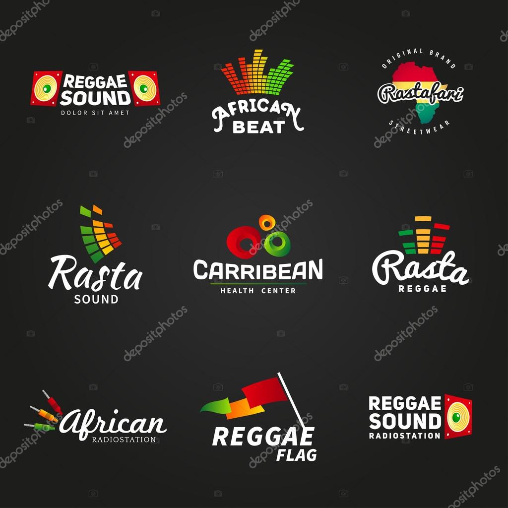 Set of african rastafari sound vector logo designs. Jamaica reggae music template. Colorful dub concept on dark background