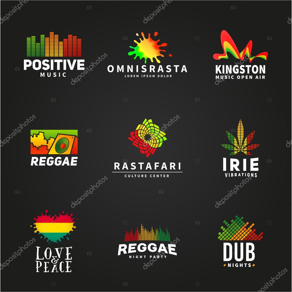 Set of positive africa ephiopia flag logo design. Jamaica reggae dance music vector template. Colorful speaker company concept on dark background