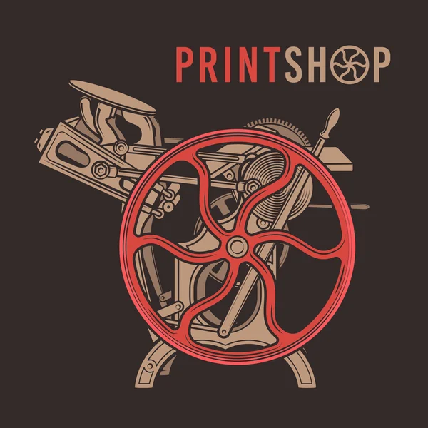 Knihtisk přetisk vektorová design. Vintage print shop logo. Starý tisk stroj ilustrace. — Stockový vektor