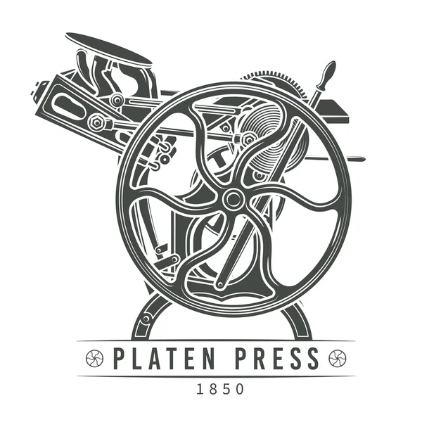 Platen press vector illustration. Old letterpress logo design. Vintage printing machine — Stock Vector