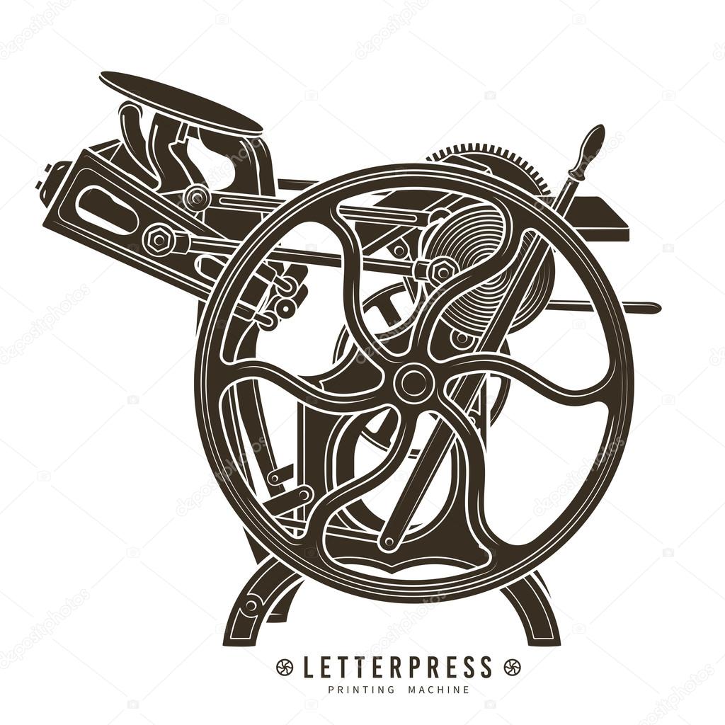 Letterpress printing machine vector illustration. Vintage print logo design
