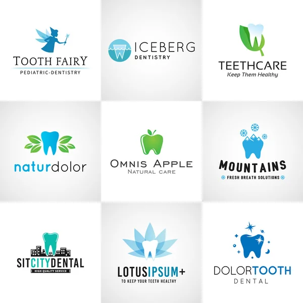 Uppsättning av dental logotyper. Vector tand mönster. Ljust tänder kliniken mall. Kreativ hälsa koncept. Munvård symboler samling — Stock vektor