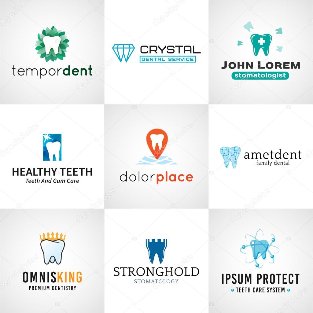 Set of tooth logos.  Oral care symbols collection. Vector teeth designs. Bright dental clinic template. Creative health concept.