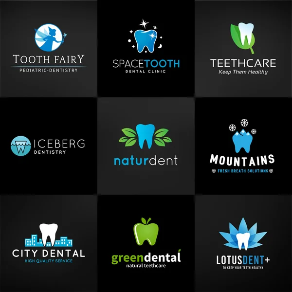 Uppsättning av dental logotyper. Vector tand mönster. Tänder kliniken mall. Kreativ hälsa koncept. Munvård symboler samling på mörk bakgrund — Stock vektor
