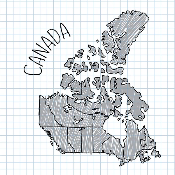 Grijze en zwarte pen hand getrokken Canada kaart vector op papier illustratie. Laptop geruite blad — Stockvector