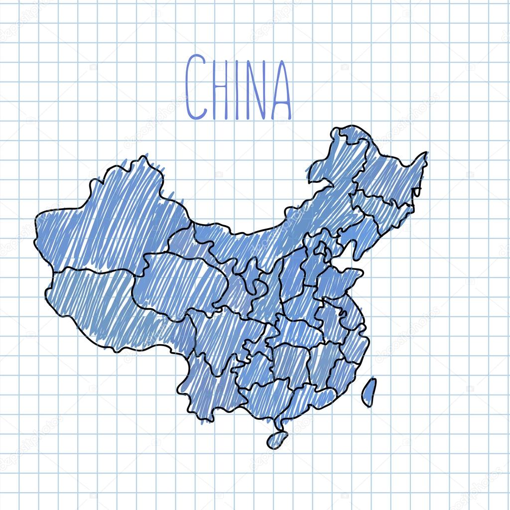 Blue pen hand drawn China map vector on paper illustration