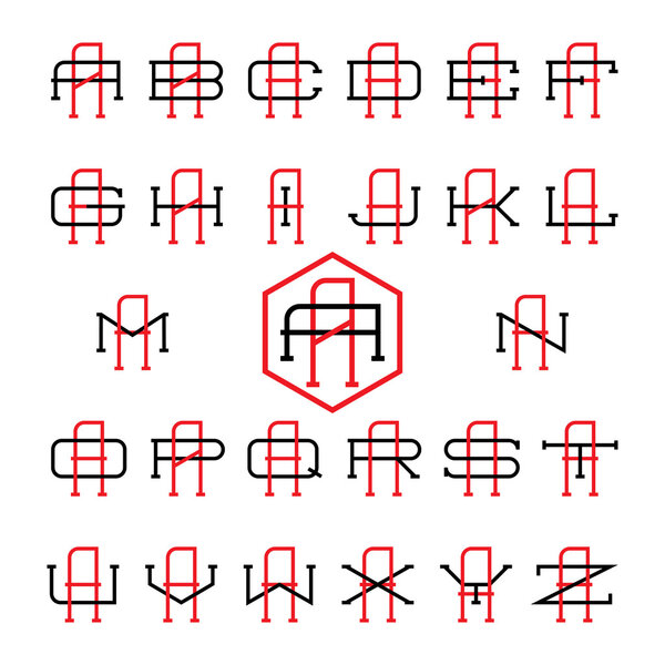 Набор логотипов студенческой команды. 2 тонких буквы шаблон монограммы. Дизайн личности. Векторная иллюстрация свадебных имен. Шрифт с засечками
