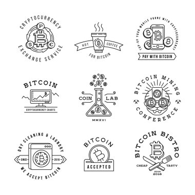 Bitcoin logo şablonları ayarlamak. Cryptocurrency rozet koleksiyonu. Dijital para simgeler. Anahat sikke vektör tasarımı.