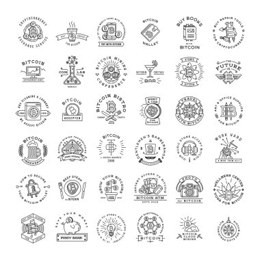 Bitcoin logo Şablonlar büyük koymak. Cryptocurrency rozet koleksiyonu. Dijital para simgeler. Anahat sikke vektör tasarımı.