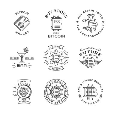 Bitcoin logo şablonları ayarlamak. Cryptocurrency rozet koleksiyonu. Dijital para simgeler. Anahat sikke vektör tasarımı.