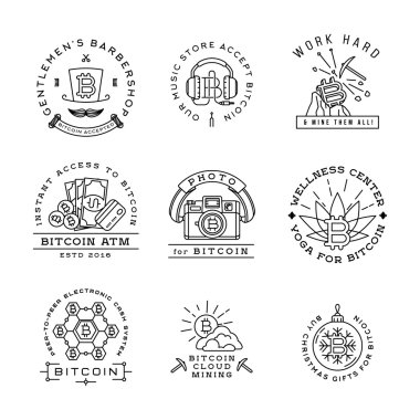 Bitcoin logo şablonları ayarlamak. Cryptocurrency rozet koleksiyonu. Dijital para simgeler. Anahat sikke vektör tasarımı.