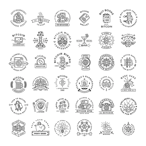 Bitcoin modèles de logo grand ensemble. Collecte de badges crypto-monnaie. Icônes de l'argent numérique. Décrivez la conception vectorielle de pièce . — Image vectorielle