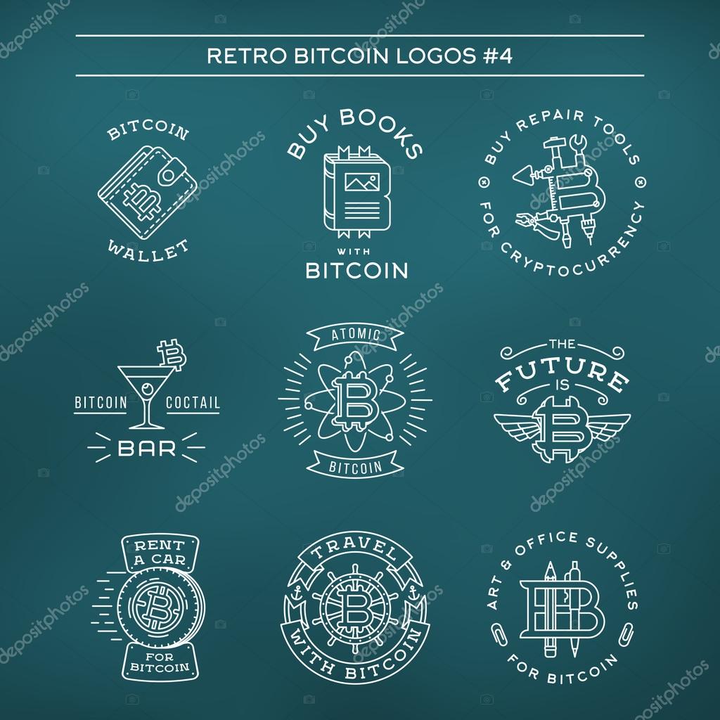 Bitcoin logo templates set. Cryptocurrency badge collection. Digital money icons. Outline coin vector design on navy background