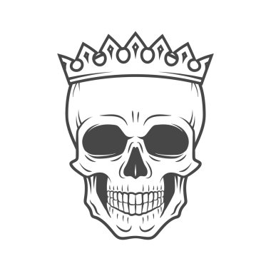 Skull King Crown design element. Vintage Royal illustration in medieval style. Dark Kingdom insignia concept.