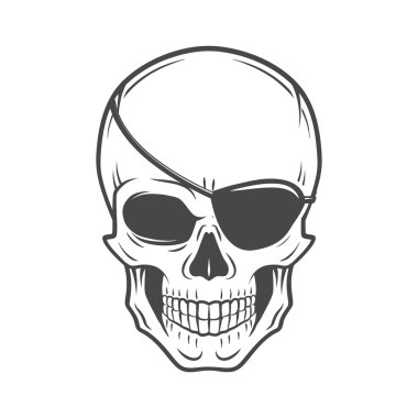 Jolly Roger with eyepatch logo template. Evil skull vector. Dark t-shirt design. Pirate insignia concept