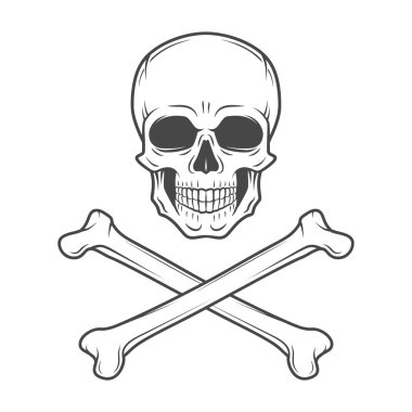 Human evil skull vector. Jolly Roger with crossbones logo template. death t-shirt design. Pirate insignia concept. Poison icon illustration. clipart