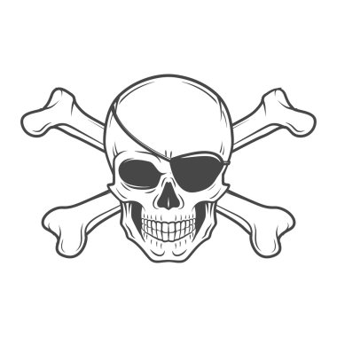 Jolly Roger with eyepatch and crossbones logo template. Evil skull vector. Dark t-shirt design. Pirate icon clipart