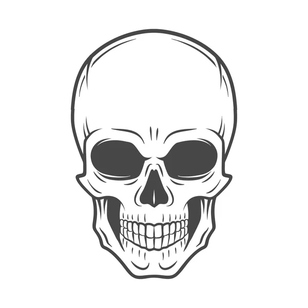 Vector de cráneo humano malvado. Plantilla de logotipo Jolly Roger. diseño de la camiseta de la muerte. Concepto de insignia pirata. Ilustración de iconos venenosos — Vector de stock