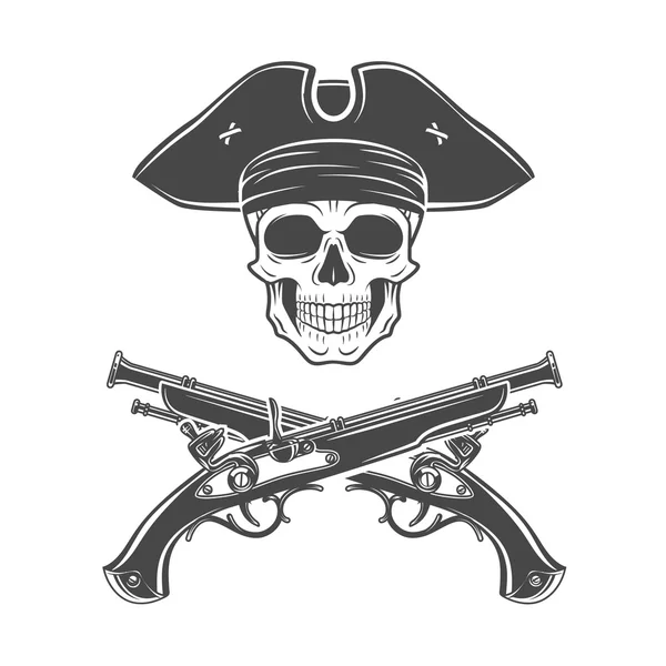 Böser Kapitänsschädel mit Hahnenkappe. Jolly Roger Logo-Vorlage. Death T-Shirt Design. Pistolenabzeichen-Konzept. — Stockvektor