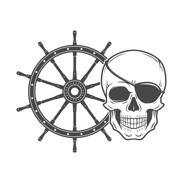 Jolly Roger con modello logo eyepatch. Vettore del cranio malvagio. T-shirt scura. Concetto di insegna pirata — Vettoriale Stock