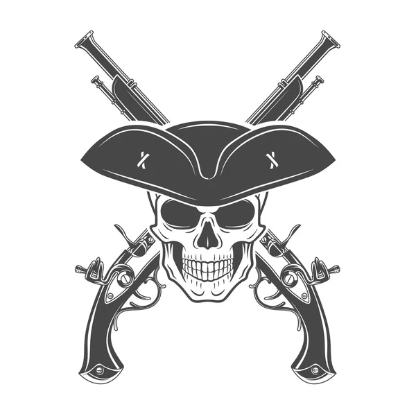 Crâne de capitaine diabolique en modèle vectoriel de chapeau armé. Modèle de logo Jolly Roger. conception de crête de mort. Concept icône pistolet . — Image vectorielle