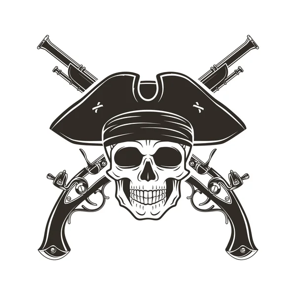 Jolly Roger skull in cocked hat vector. Evil captain logo template. death t-shirt design. Pistol insignia concept. — Stok Vektör