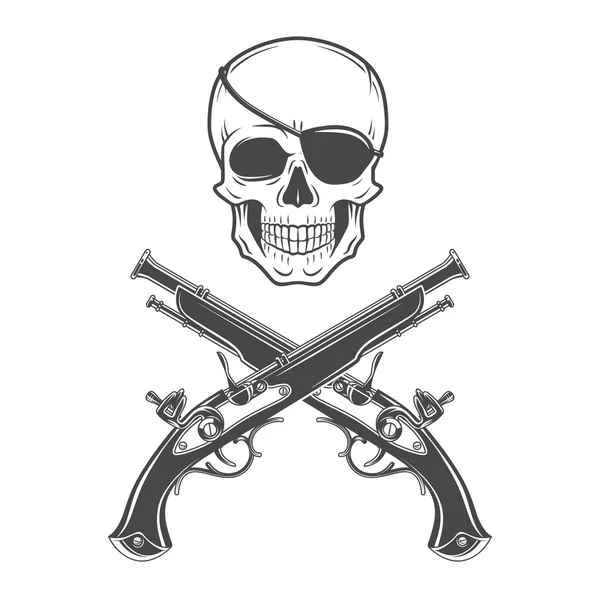 Jolly Roger con la plantilla de logotipo de ojo y pistolas. Icono del vector del cráneo maligno. Diseño de camiseta oscura. Concepto de insignia pirata — Archivo Imágenes Vectoriales
