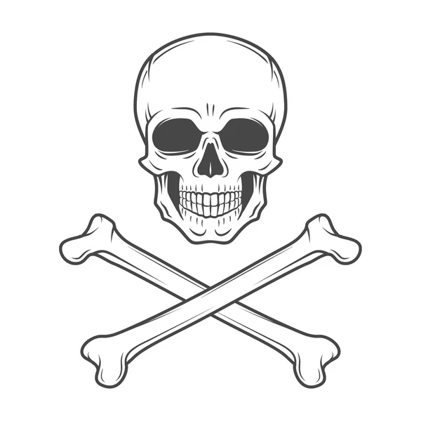Menschliches böses Schädel-Vektor. lustiger Roger mit Kreuzknochen-Logo-Vorlage. Death T-Shirt Design. Piraten-Abzeichen. Illustration zum Gift-Symbol. — Stockvektor