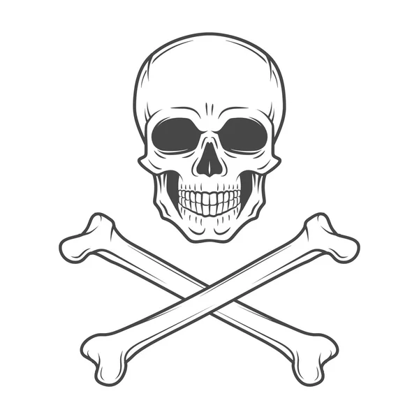 Vector de cráneo humano malvado. Jolly Roger con plantilla de logotipo crossbones. diseño de la camiseta de la muerte. Concepto de insignia pirata. Ilustración de iconos venenosos . — Vector de stock