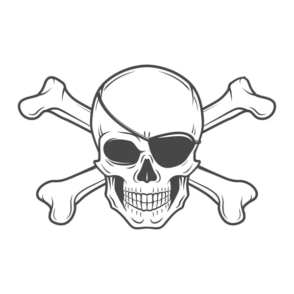 Jolly Roger con la plantilla del logotipo del ojo y los huesos cruzados. Malvado vector craneal. Diseño de camiseta oscura. Icono pirata — Archivo Imágenes Vectoriales