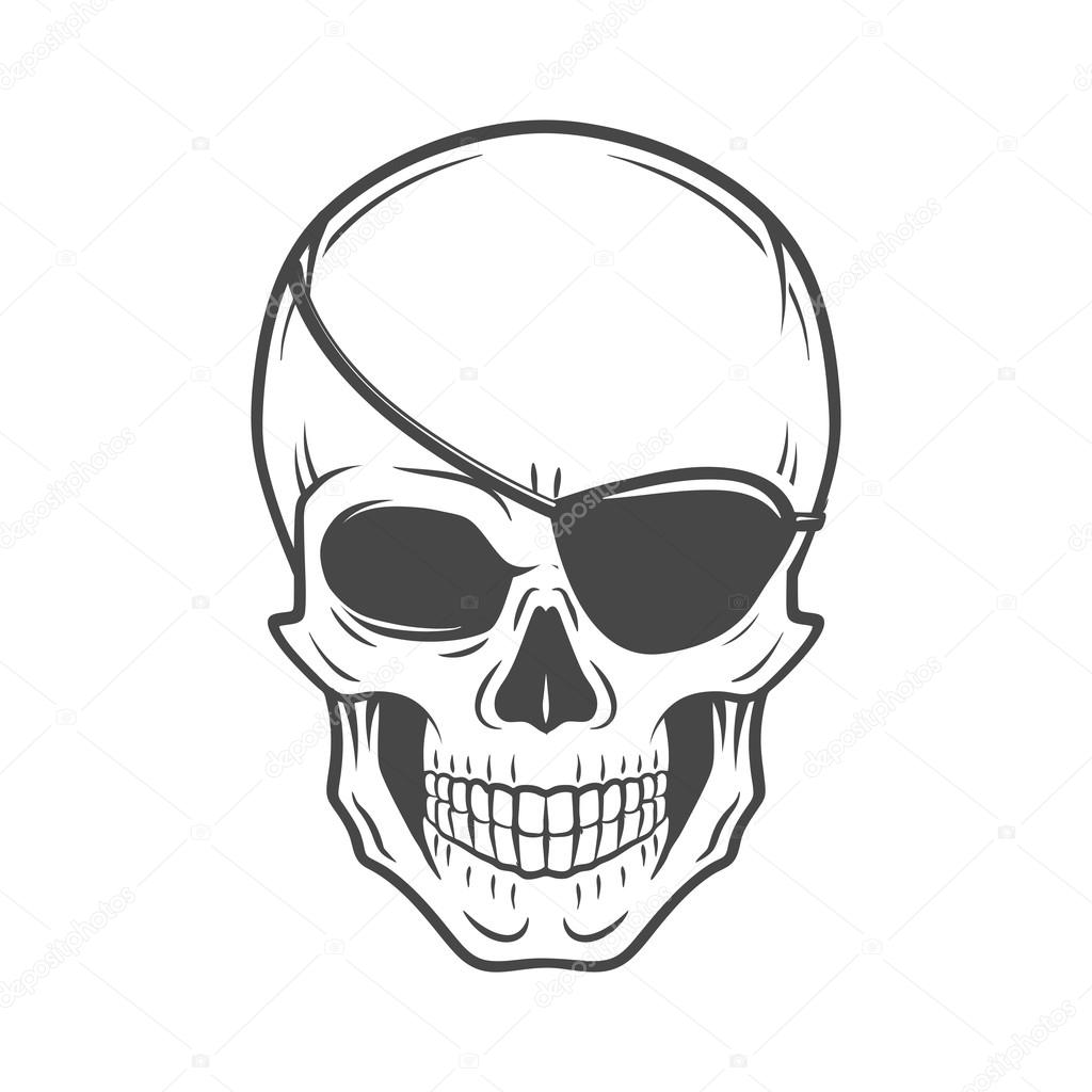 Jolly Roger with eyepatch logo template. Evil skull vector. Dark t-shirt design. Pirate insignia concept