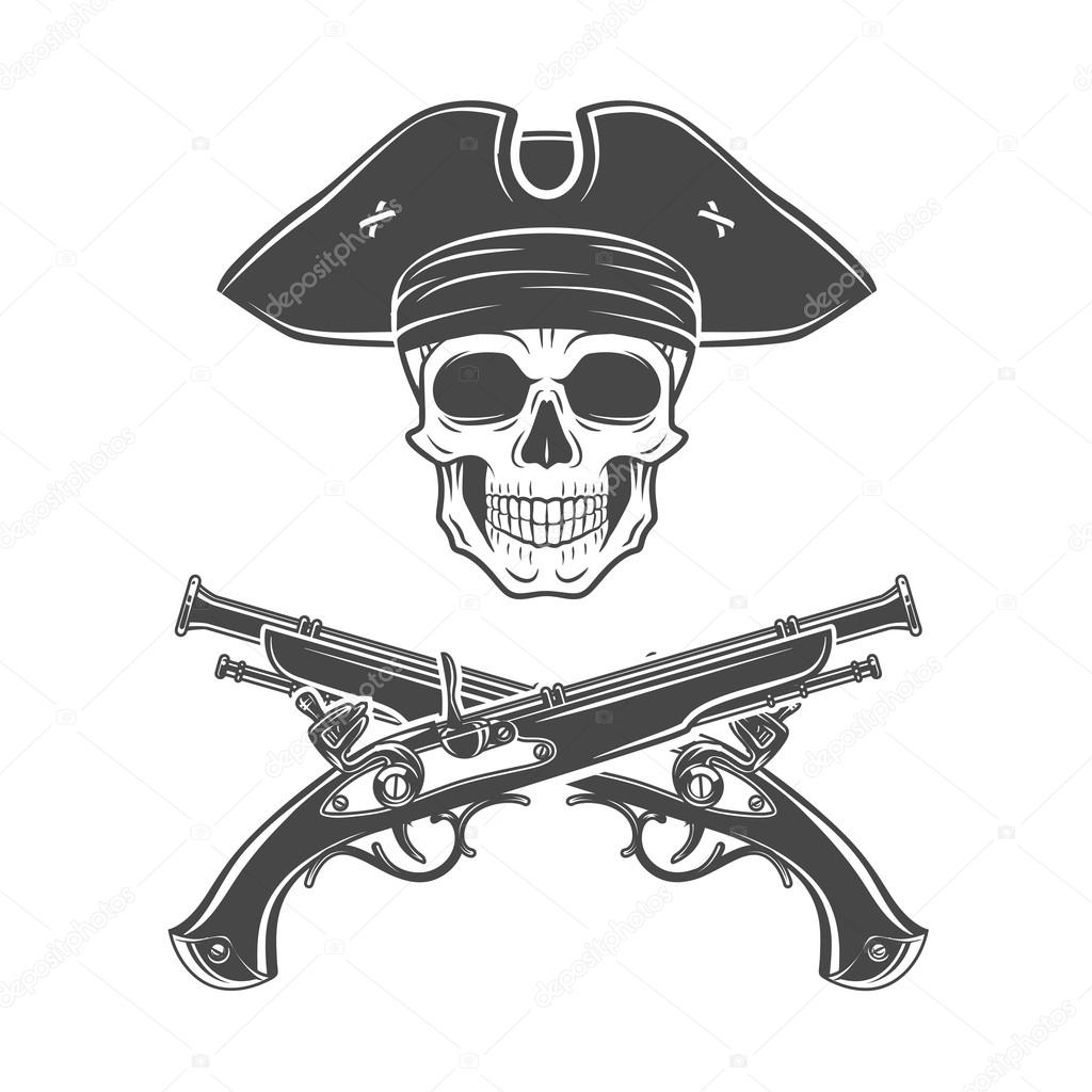 Evil captain skull in cocked hat vector. Jolly Roger logo template. death t-shirt design. Pistol insignia concept.