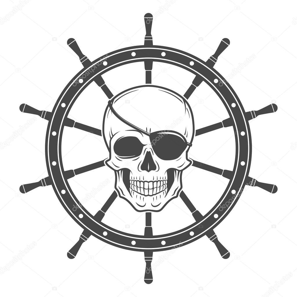 Jolly Roger with eyepatch logo template. Evil skull vector. Dark t-shirt design. Pirate insignia concept