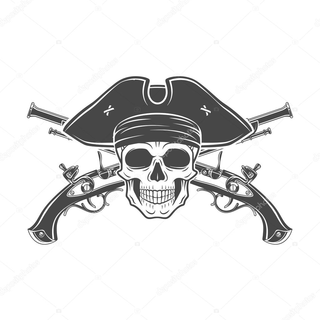 Evil captain skull in cocked hat vector. Jolly Roger logo template. death t-shirt design. Musket insignia concept.