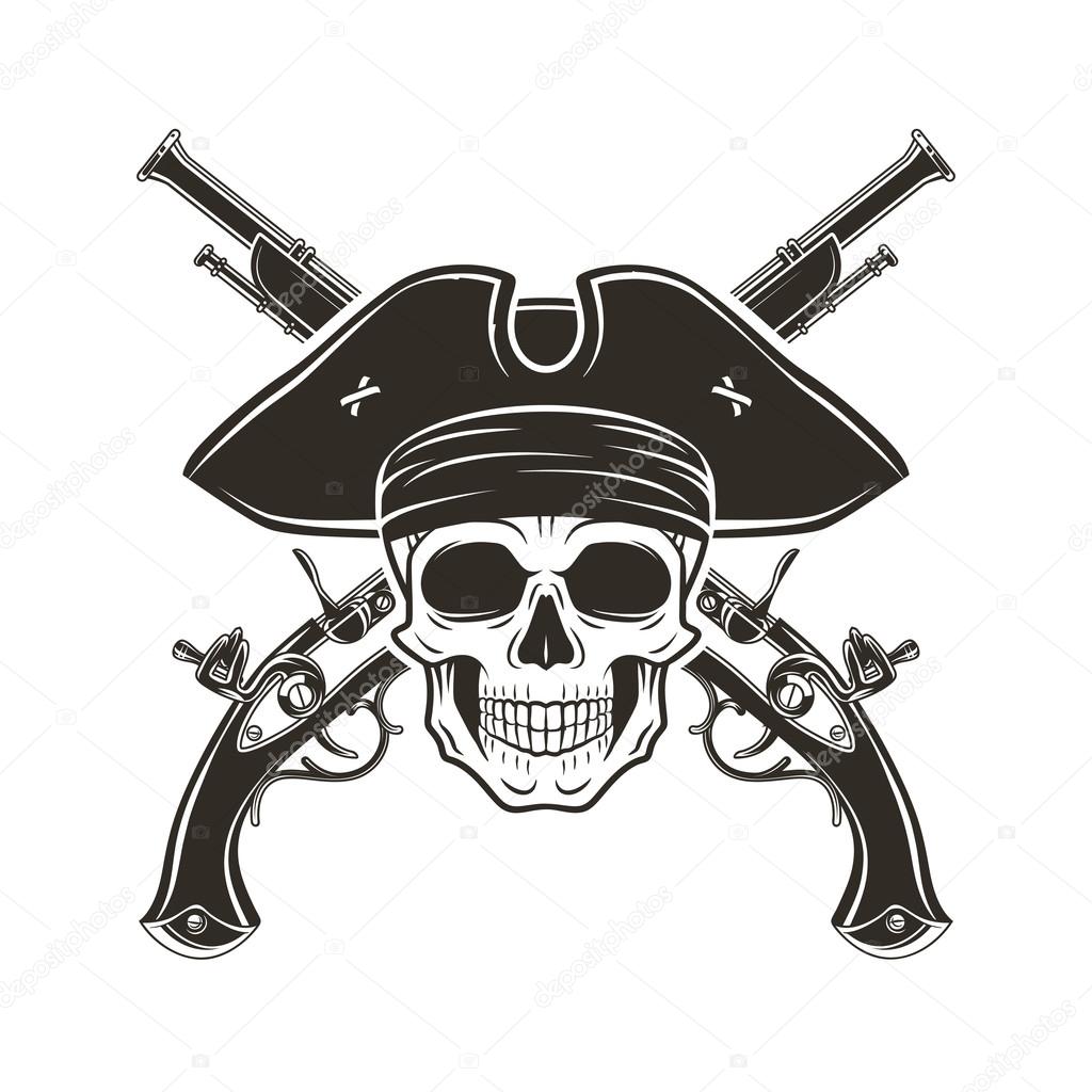 Jolly Roger skull in cocked hat vector. Evil captain logo template. death t-shirt design. Pistol insignia concept.