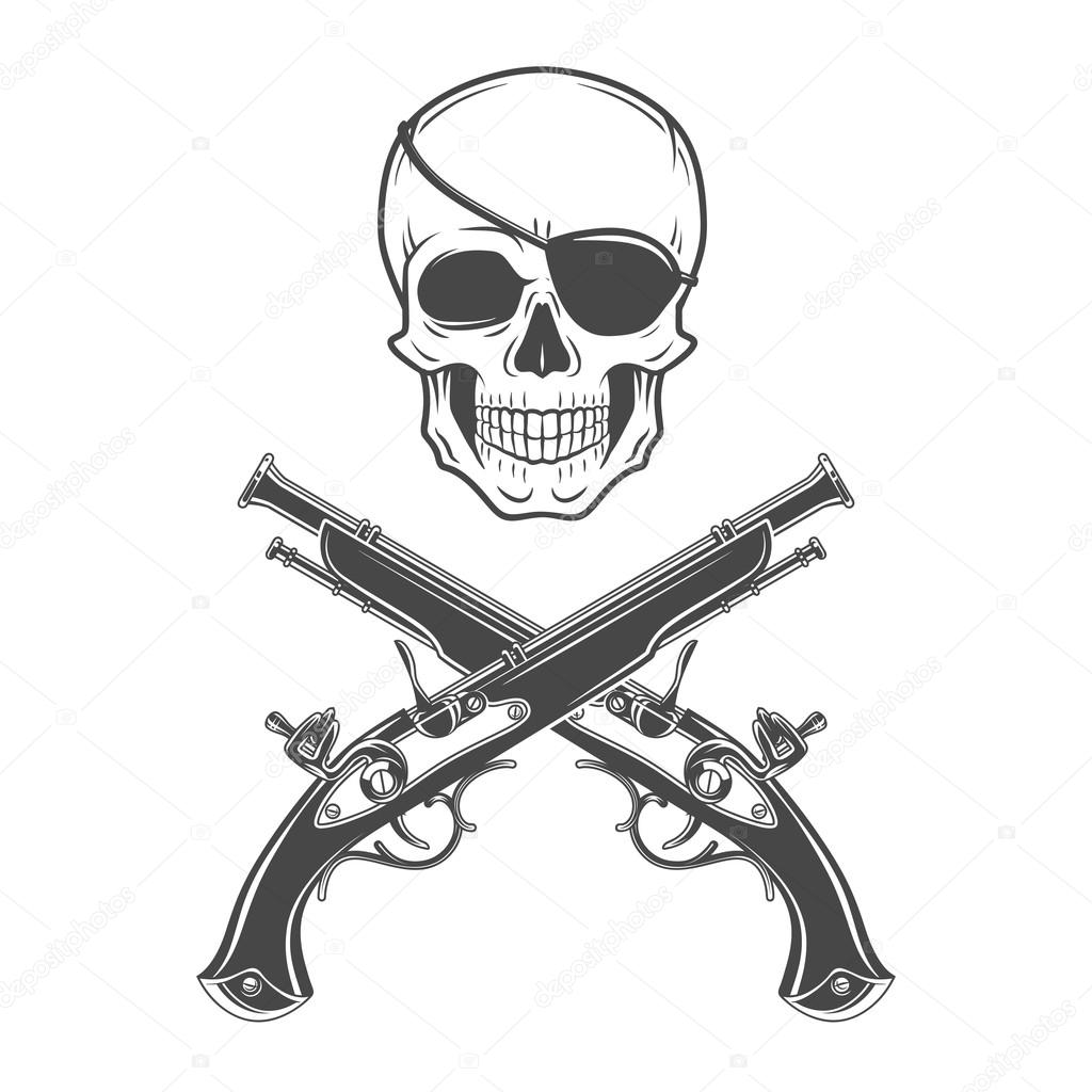 Jolly Roger with eyepatch and pistols logo template. Evil skull vector icon. Dark t-shirt design. Pirate insignia concept