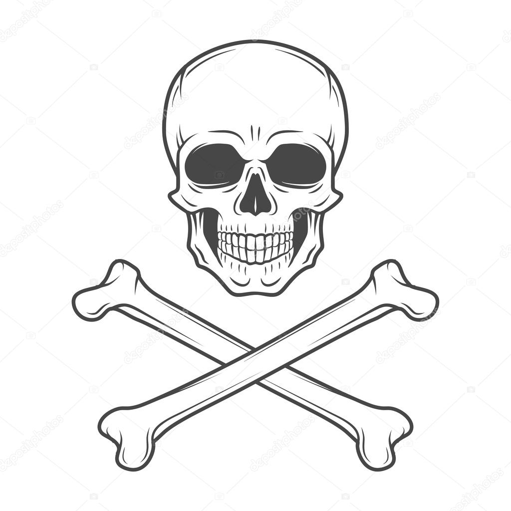 Human evil skull vector. Jolly Roger with crossbones logo template. death t-shirt design. Pirate insignia concept. Poison icon illustration.