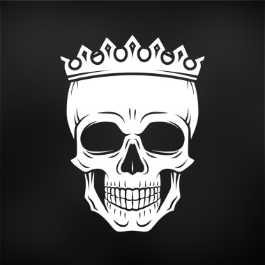 Skull King Crown design element. Vintage Royal illustration in medieval style. Dark Kingdom insignia concept on black background.