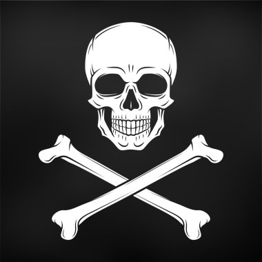 Human evil skull vector. Jolly Roger with crossbones logo template. death t-shirt design. Pirate insignia concept. Poison icon illustration on black background