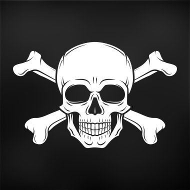 Human evil skull vector. Jolly Roger with crossbones logo template. death t-shirt design on black background. Pirate insignia concept. Poison icon illustration. clipart