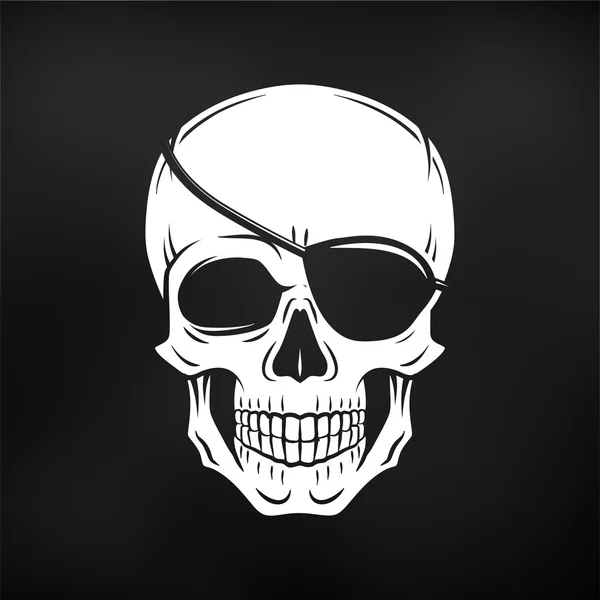 Вектор человеческого злого черепа. Веселый Роджер с шаблоном логотипа глазной повязки. дизайн футболки смерти. Пиратские знаки отличия на черном фоне — стоковый вектор