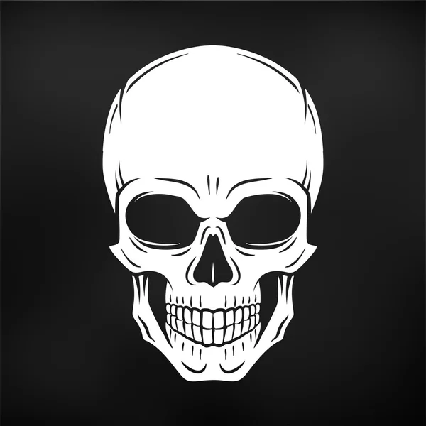 Vector de cráneo humano malvado. Plantilla de logotipo Jolly Roger sobre fondo negro. diseño de la camiseta de la muerte. Concepto de insignia pirata. Ilustración de iconos venenosos — Archivo Imágenes Vectoriales