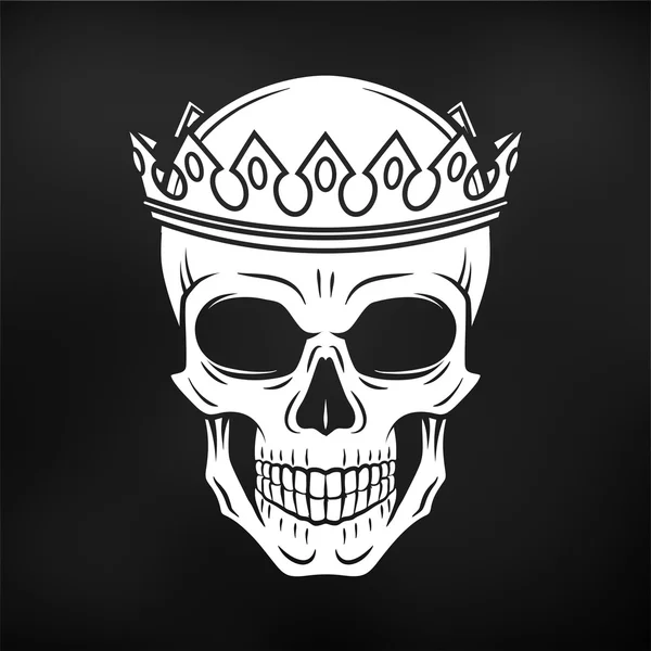 Skull King Crown design element on black background. Vintage Royal t-shirt illustration. Dark skeleton insignia concept. — Stock Vector