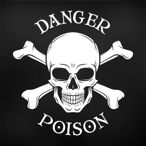 Danger skull vector on black background. Jolly Roger with crossbones logo template. death t-shirt design. Pirate insignia concept. Poison icon illustration. — ストックベクタ