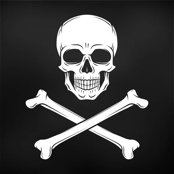 Human evil skull vector. Jolly Roger with crossbones logo template. death t-shirt design. Pirate insignia concept. Poison icon illustration on black background — 图库矢量图片